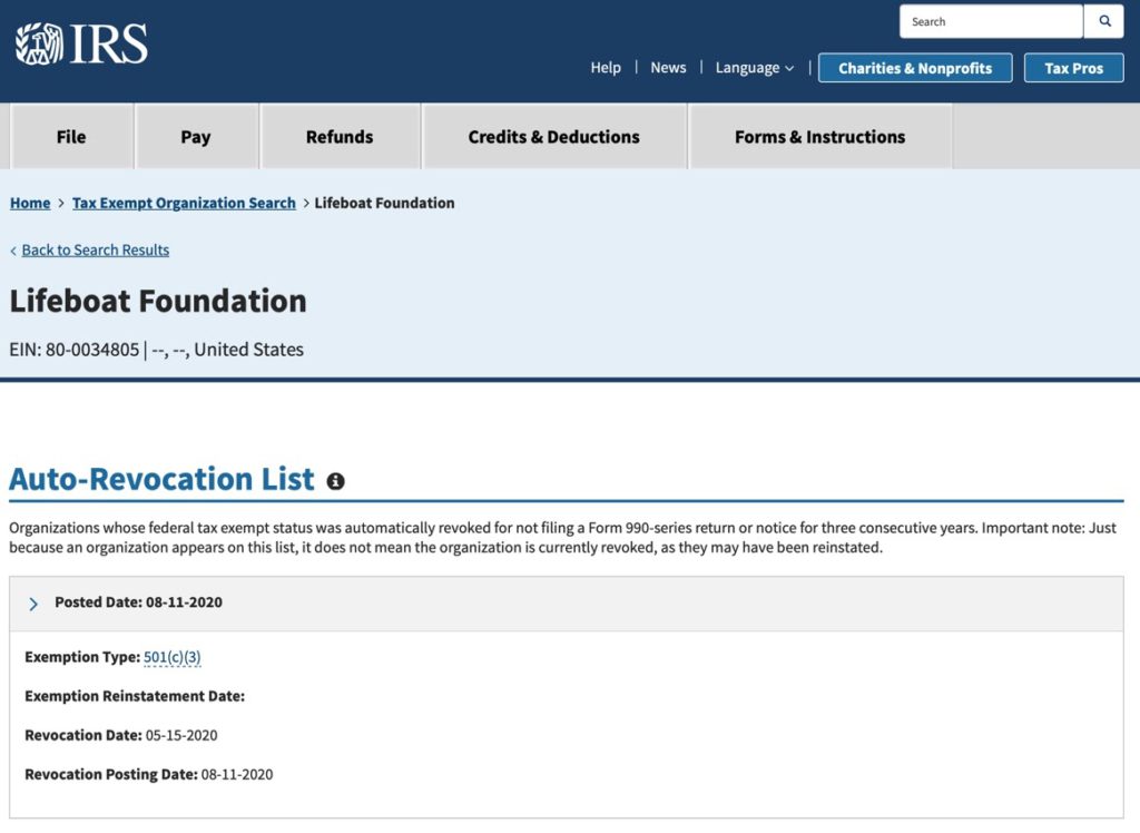 This is the Lifeboat Foundation's tax exempt status form.