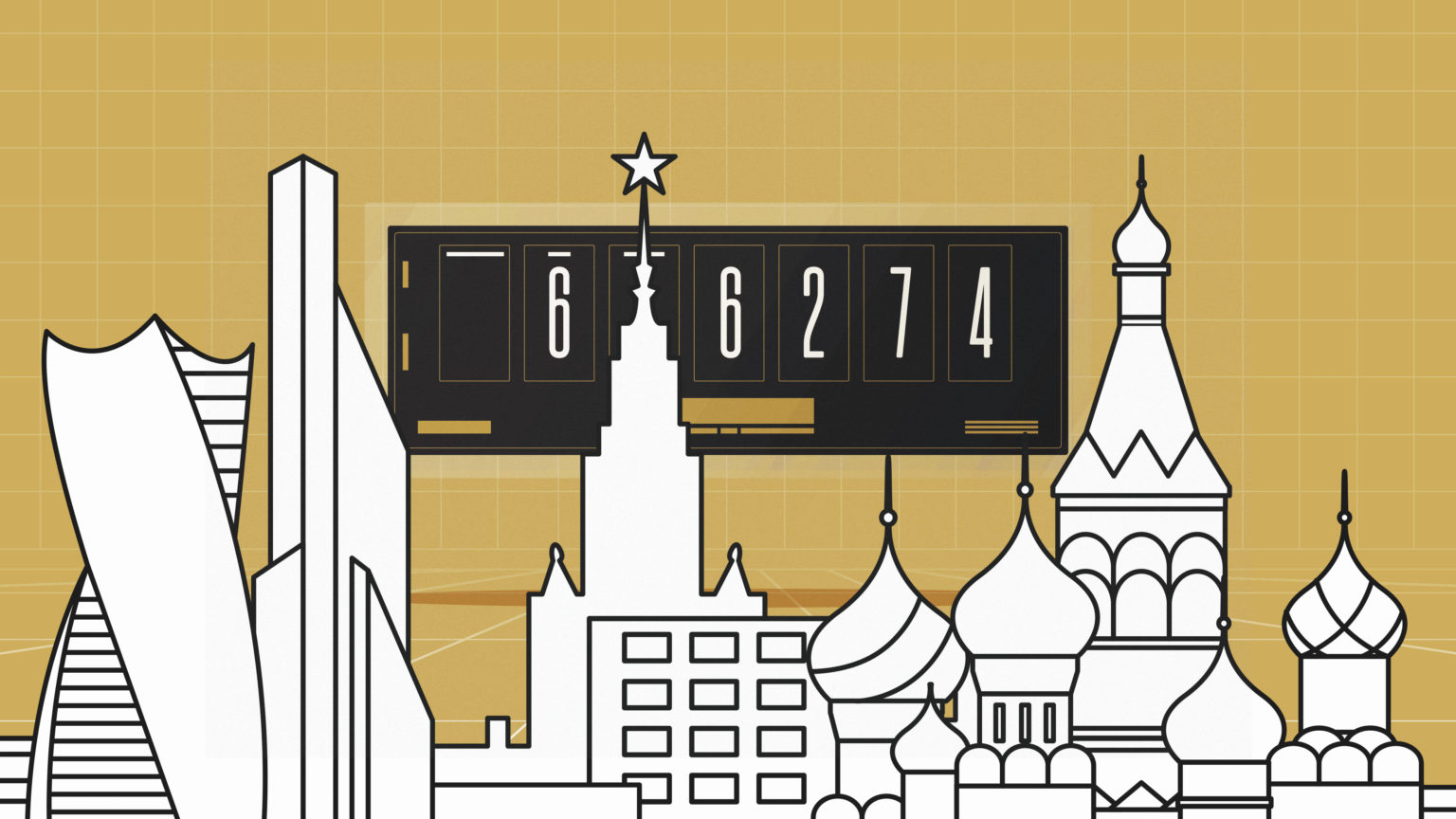 Moscow Time showing on a Bitcoin clock above a drawing of the Moscow skyline