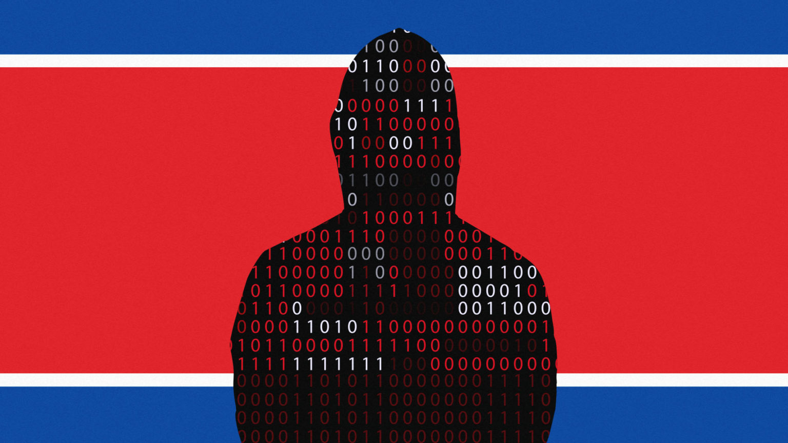 This is a hacker standing in front of a North Korean flag to represent Lazarus crew.